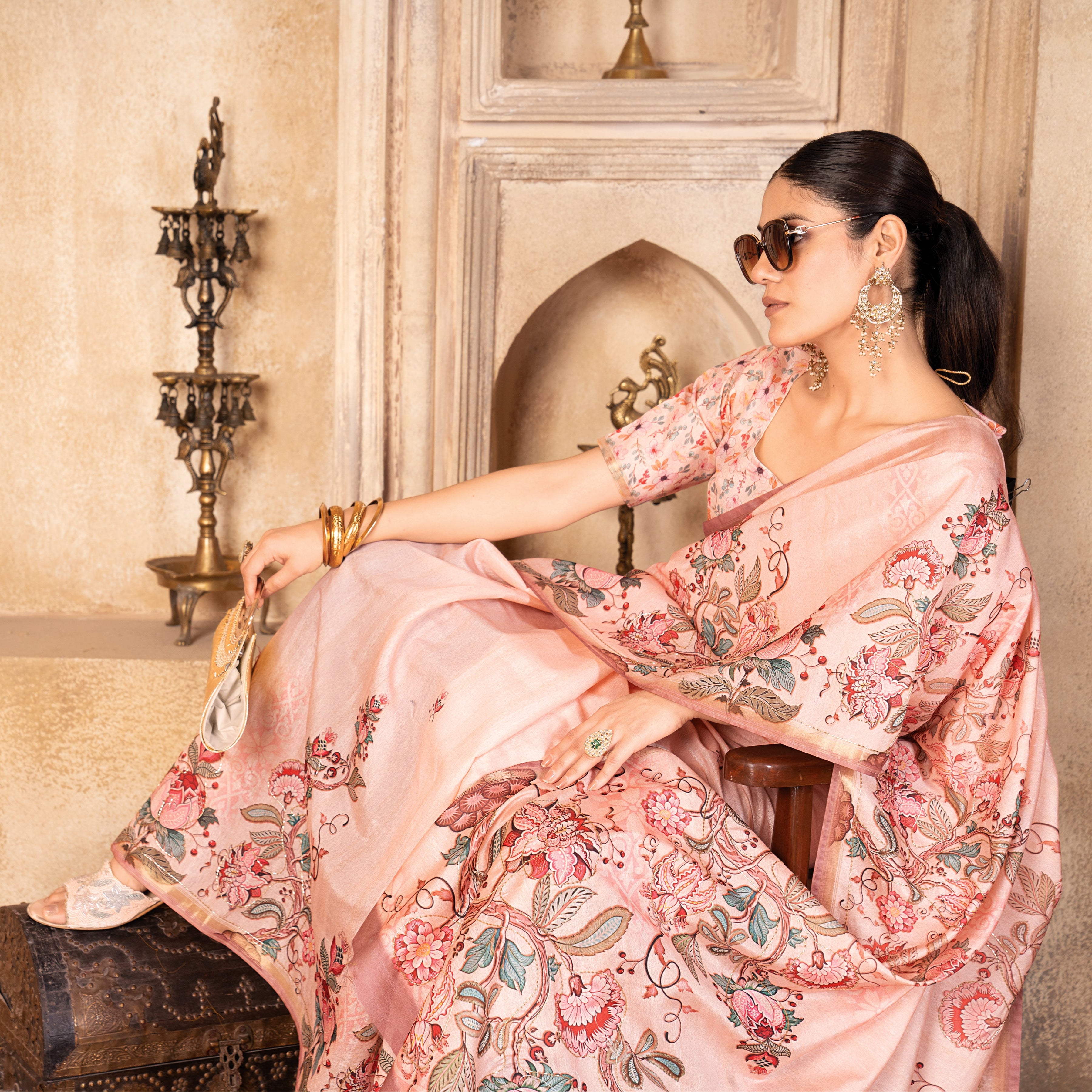 Gajari Premium Silk Blend Kalamkari Digital Print Saree